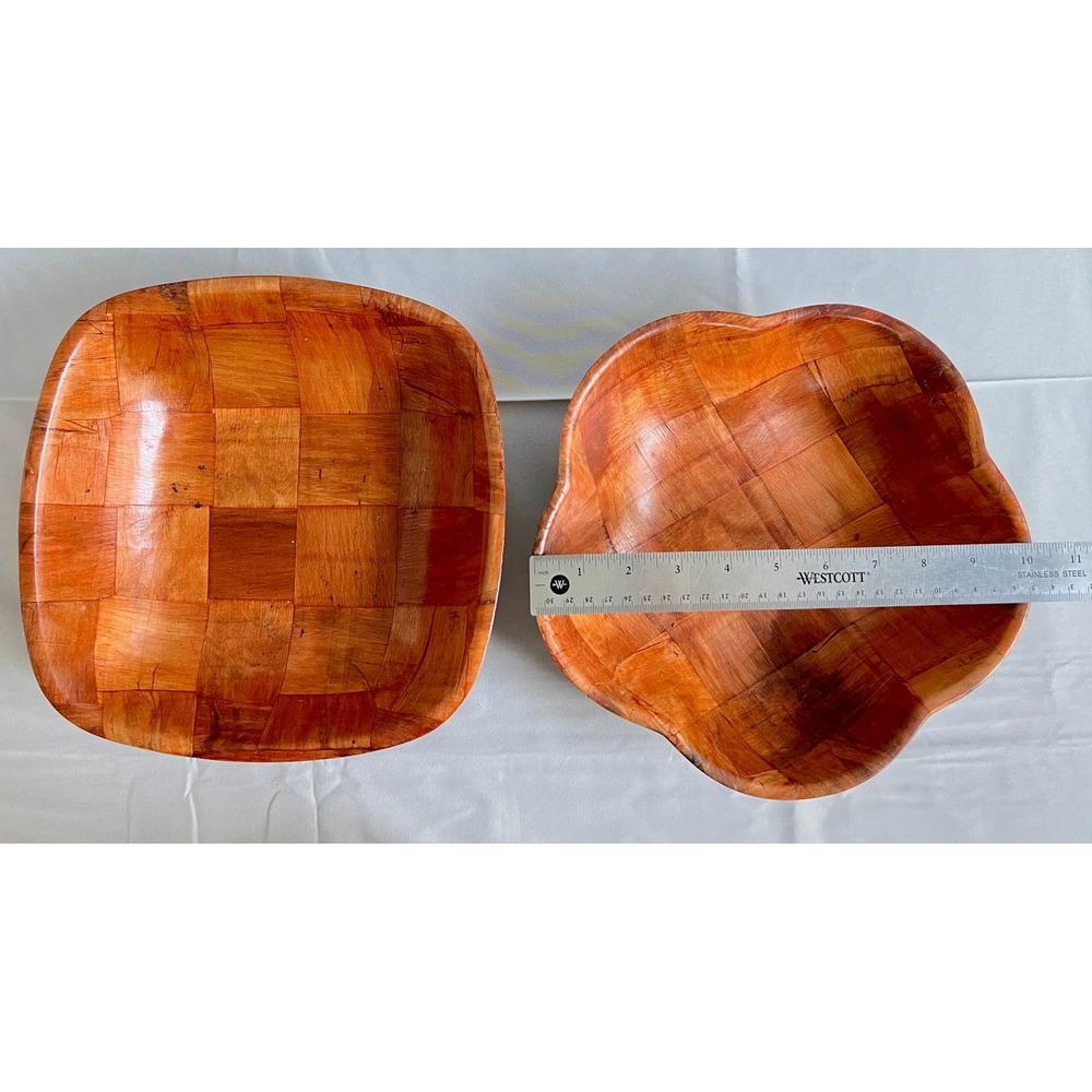 Set of 2 Vintage Large Woven Wood Serving Bowls - Square & Scalloped 10" Brown
